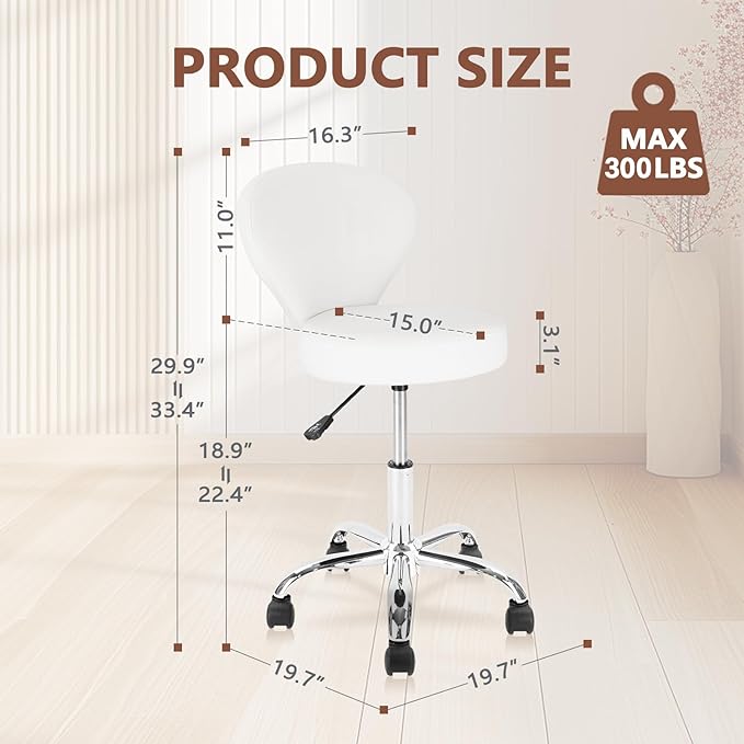Leather Rolling Salon Stool with Back Support and Wheels Adjustable Height Swivel Spa Stools for Office Massage Facial Medical Drafting Tattoo Beauty Barber Lab Doctor Clinic Tattoo, White