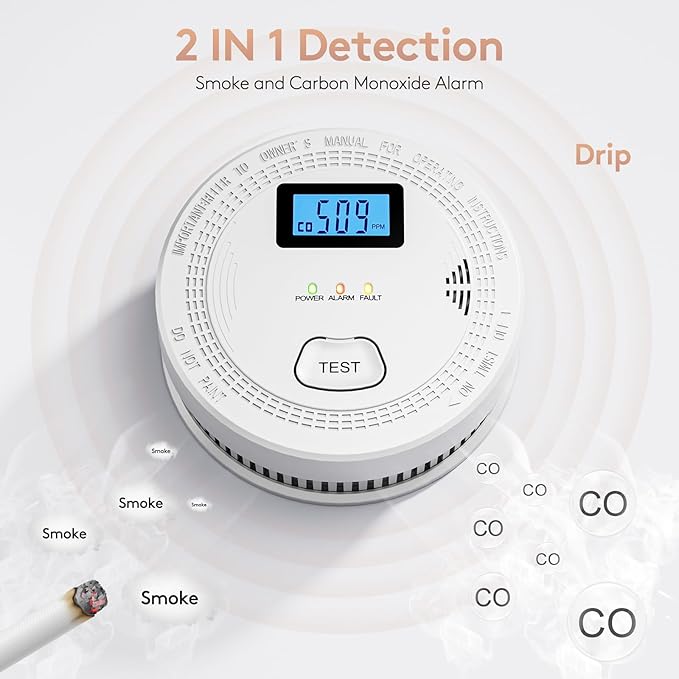 6 Packs, 2 in 1,Smoke Carbon Monoxide Detector,Carbon Monoxide Detectors/Smoke Alarm,85 dB Alarm,Large Screen Readout,Test Button,Battery Operated, Work State LED Flash,Easy Install