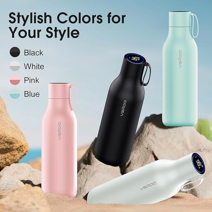 VSITOO 33oz Smart Self-Cleaning Water Bottle，Large Insulated Stainless Steel Bottle with AI Self-Clean, 30-Day Battery & Magnetic Charging for Outdoor Travel, Gym or Office, White