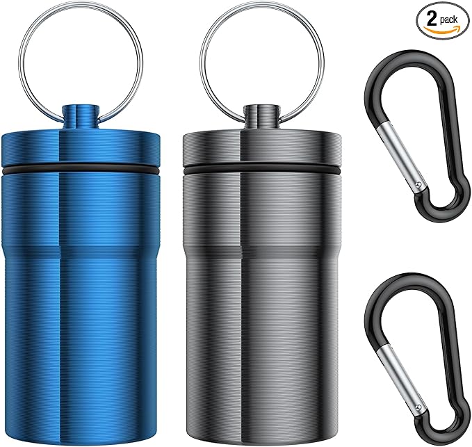 Portable Pill Case Keychain (2 Pack), Large Waterproof Aluminum Pill Container for Round Glucose Tablets & Critical Medicine, Small Pill Holder Travel Pill Box Bottle with Carabiners (Grey Blue)