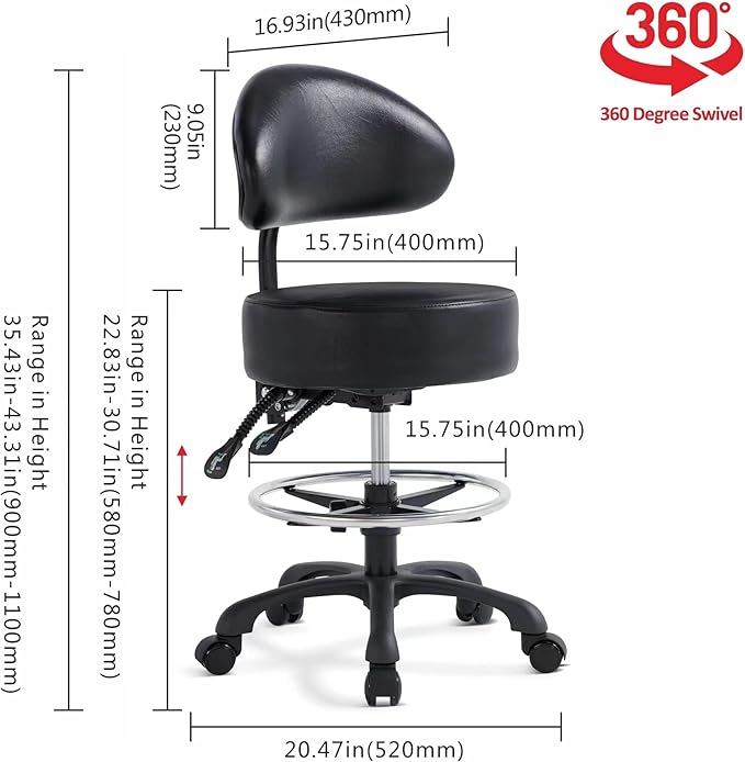 Swivel Rolling Stool Round Chair,Thick Sturdy Padding,Adjustable Stool with Wheels for Doctor,Medical,Massage Salon,Office,Shop(with New Back, Black)