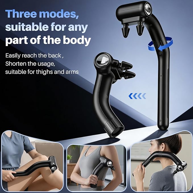 Dual-Head Muscle Massage Gun Pain Relief Deep Tissue, 3-in-1 Percussion Back Massager with Detachable Extension Handle, Muscle Massager for Back, Neck, Shoulder & Body, 6 Speed Levels (Black)