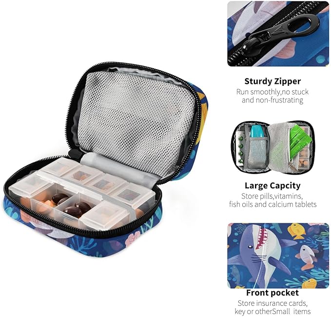 Underwater Blue Sharks Fishes and Corals Travel Pill Organizer Case Box Container Weekly Portable Vitamin Medicine Holder Storage Bag with Zipper Removable