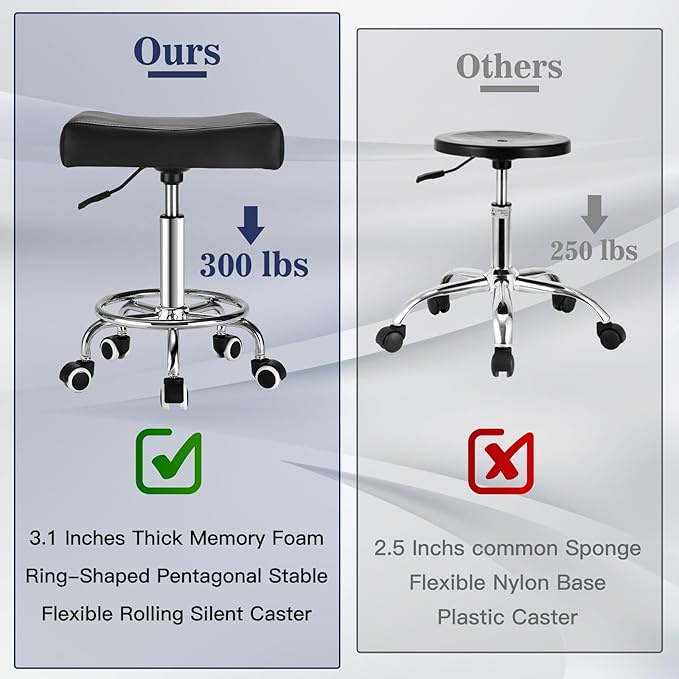 Square Salon Rolling Stool - 300lbs Weight Capacity，Adjustable Swivel Stool with Wheel，Pu Leahter Comfortable Cutting Stools for Salon Tattoo Stylist Massage Perfect for Work SPA (Premium Black)