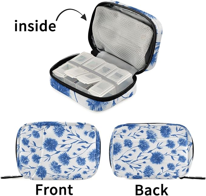Ink Blue Cornflower Travel Pill Organizer Case Box Container Weekly Portable Vitamin Medicine Holder Storage Bag with Zipper Removable
