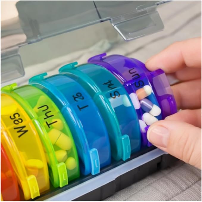 Weekly Pill Organizer Box with 14 Compartments, Rainbow Colors, AM PM Daily Medicine Container, Travel Case with Clear Lid