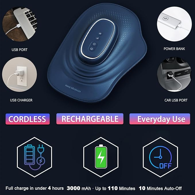 Portable Hand and Wrist Massager with Heat and Compression, 3 Modes, 3 Intensities and 3 Temps (100°F–116°F), for Palm & Fingers, Rechargeable, Home, Office, Travel (Blue)