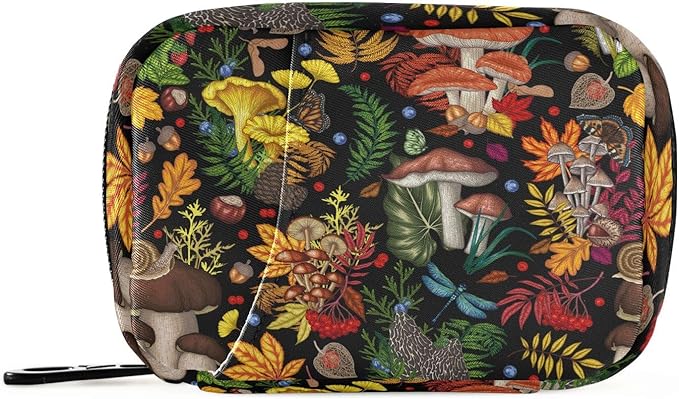 Pill Box Mushrooms Plants Insects Berries 7 Day Pill Case Travel Pill Organizer Bag with Zipper Portable Weekly Vitamin Medicine Supplement Holder Pouch Bag