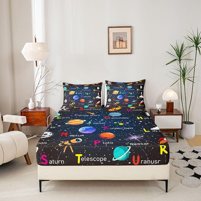 Alphabet Outer Space Astronaut Fitted Sheet Twin Size, ABC Planet Bed Sheet Set Kids Toddler Galaxy Bedding Set ABC Alphabet Learning Bed Cover Bed Set 2Pcs (No Flat Sheet)