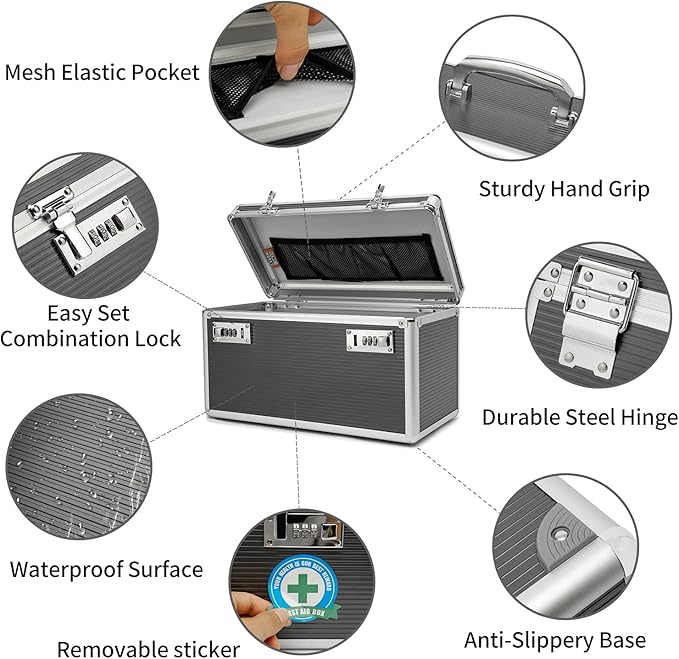 Lockable Medication Box with Portable Storage Case, 14.2 x 7.2 x 8.2 Inch, Childproof Medicine Lock Organizer, Locked Empty First Aid Storage Case (Gray/Large)