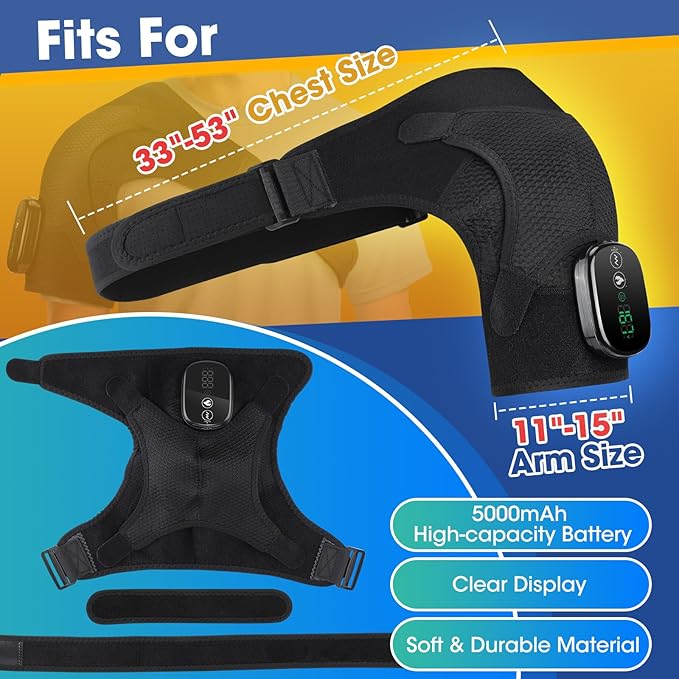 Cordless Shoulder Heating Pad, Shoulder Massager for Pain Relief Deep Tissue,Heated Shoulder Wrap & Brace with 3 Heat & Vibration Modes, Men & Women (Black)