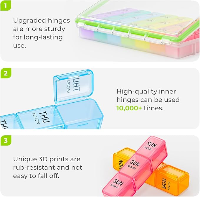 AUVON Weekly Pill Organizer 3 Times a Day with Moisture-Proof Design, Large Pill Box 7 Day Easy to Use, Portable Pill Case for Travel with Double Protection, Pill Containers for Vitamins, Medications