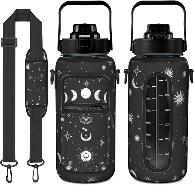 Goth Moon Half Gallon Water Bottle with Sleeve -Flip Top Bpa Free 64 OZ - Motivational Time Marker Leakproof Water Jug - Goth Gifts for Women - Halloween Gothic Moon for Gift