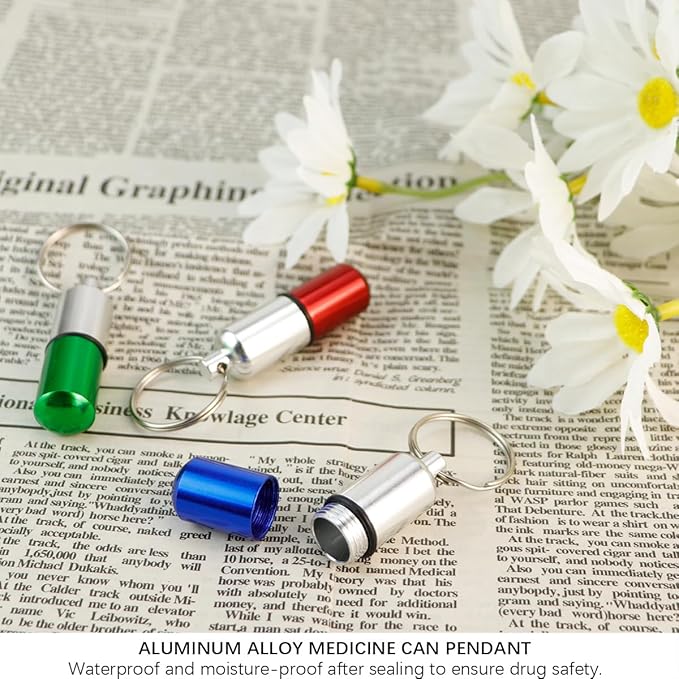 3Pcs Keychain Pill Case Portable Metal Medication Holder Aspirin Container Waterproof Mini Pill Box for Travel Outdoor (Red,Blue,Green)