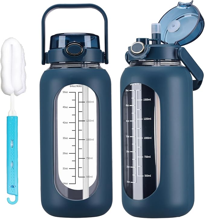 52oz Glass Water Bolttles with Straw Half Gallon Large Motivational Water Bottle
