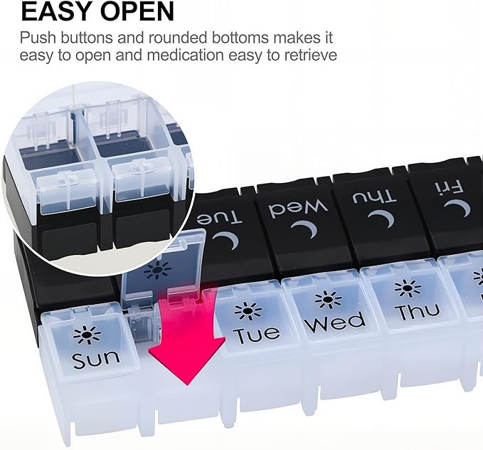 XL Large AM/PM Weekly Pill Organizer Arthritis Friendly, 2 Times a Day Pill Box with Spring Open Design, 7 Day Vitamin Case with Push Button Compartments (Black & Clear)