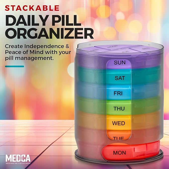 MEDca Weekly Pill Organizer, 1 Dispenser, 7 Stackable Multi-Color Compartments Four Times-a-Day - Morning, Noon, Evening, and Bedtime, Black