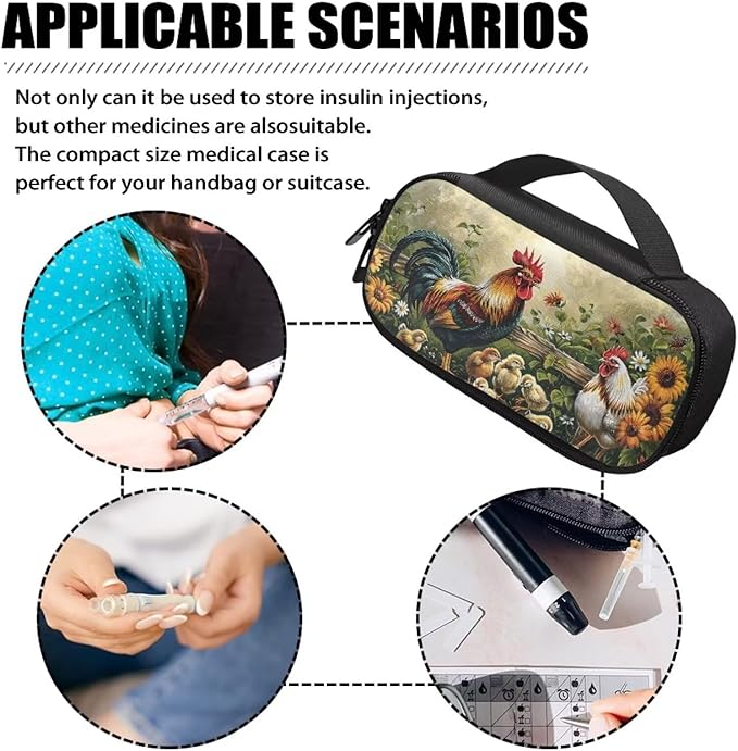 Rooster Chicken Insulin Cooler Bag Water & Scratches Resistant Glucose Meter & Diabetic Supplies Travel Case to Store Insulin Pen, Lancets, Insulin Syringe