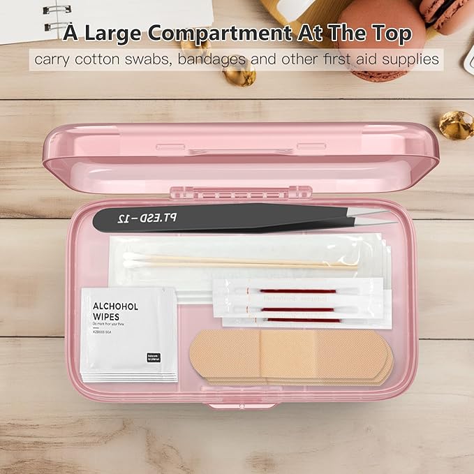 FYY Weekly Pill Organizer with Labels,8 Compartments Travel Daily Pill Case Airtight Moistureproof Large Pill Box to Hold Vitamins, Fish Oil, Supplements,Cotton Swab and Bandages-Pink