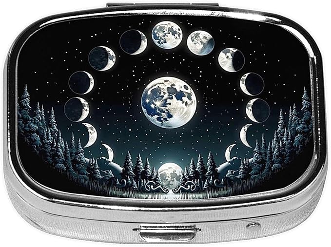 ABLESKY Pill Box, 2 Compartment Pill Organizer Case for Pocket or Purse, Small Portable Metal Travel Medicine Box with Mirror, Daily Vitamins Fish Oil Container-Black Moon Forest Phase