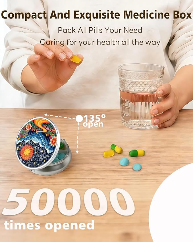 LRITER Pill Case, Portable Travel Pill Box, Pillbox Organizer, Cute Small Medicine Storage Container, Purse Accessories for Women, Men (Sunrise)