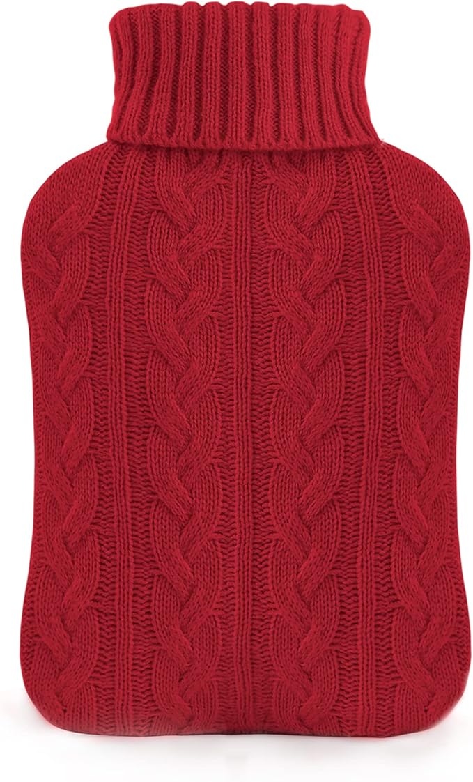 samply Hot Water Bottle with Knitted Cover, 2L Hot Water Bag for Hot and Cold Compress, Hand Feet Warmer, Ideal for Menstrual Cramps, Neck and Shoulder Pain Relief,Red