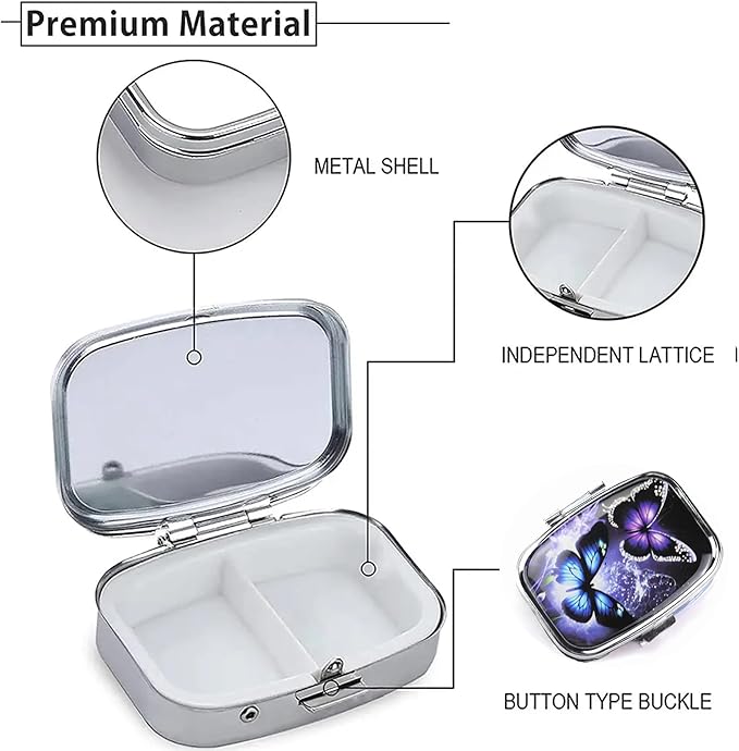 WATASSA Pill Box with Animal Style Mirror All-in-One 2-Compartment Portable Medicine Organizer, Marble Pattern Travel Pill Case for Vitamins&Daily Medication(Fits Pocket/Purse) (Iridescent Butterfly)