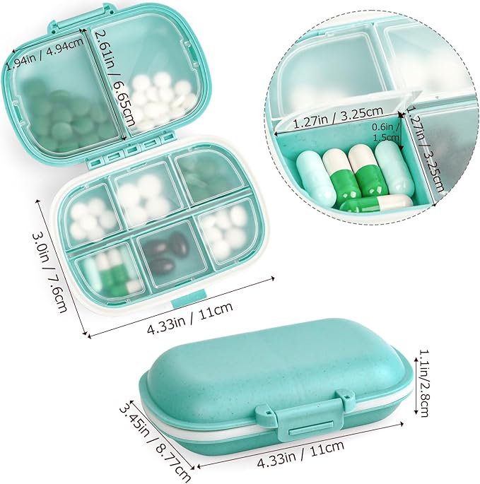 1Pack Travel Pill Organizer & 56 Medicine Name Stickers, 8 Compartments Portable Pill Case, Small Pill Box for Pocket Purse Portable Medicine Vitamin Container with Stickers (Blue with Stickers)