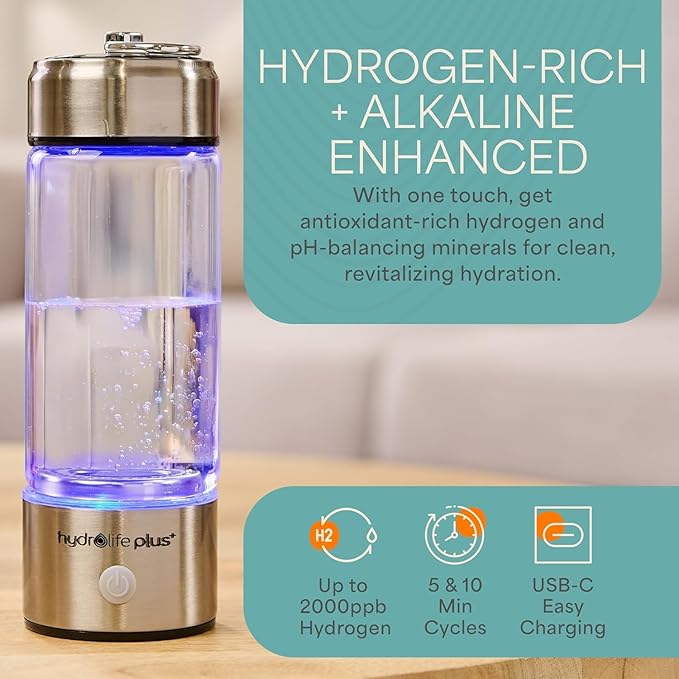 Lifepro Hydrogen Water Bottle Generator with Ionizer & SPE/PEM Technology – HydroLife Plus Portable, Rechargeable Alkaline + Hydrogen Water Machine for Daily Wellness & Hydration – 14oz Capacity