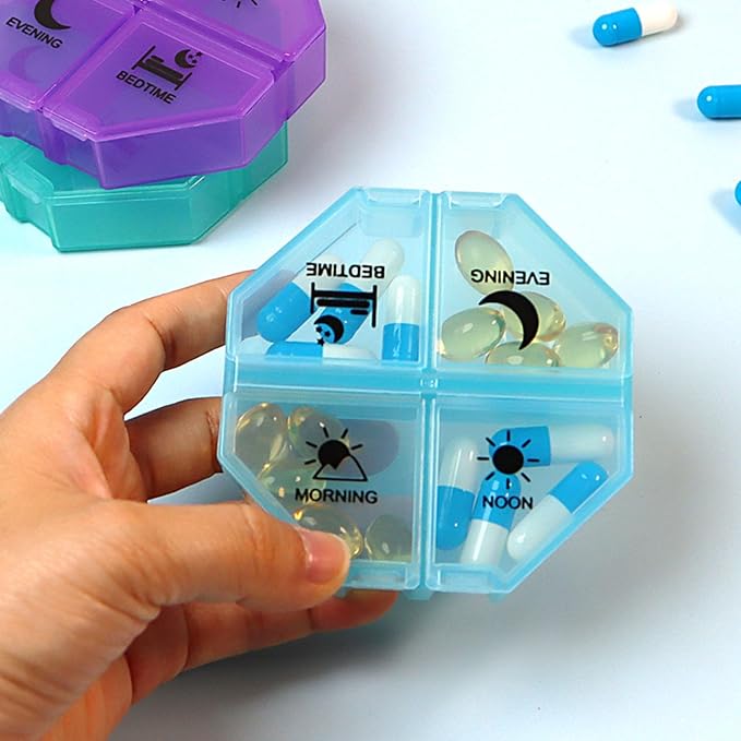 Weekly Pill Organizer 4 Time a Day，Pill Dispensers， Pill Box 7 Day with 28 Extra Large Compartments Portable Travel ，4 Times a Day Pill Case, for Medication/Vitamins/Fish Oils (Transparent +Colorful)