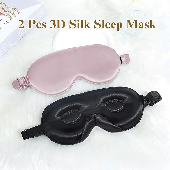 BeeVines 2 Pack 3D Contoured Sleep Mask 22 Momme Mulberry Silk Sleeping Eye Masks, Weighted Eye Cover for Lash Extensions, Night Light Blocking Blindfold, 100% Blackout Satin Covers for Men & Women