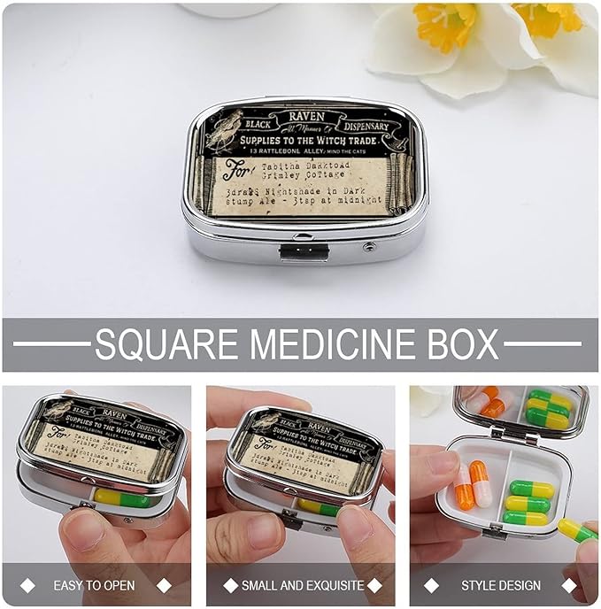 Metal 2 Compartment Pill Organizer Travel Friendly Portable Compact Pill Box Cute Pill Case to Hold Vitamins/Fish Oil/Supplements/Meds/Tablet for Purse/Pocket (Vintage Label)