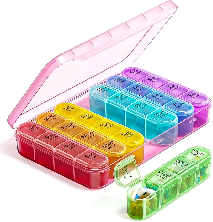 Odaro Weekly Pill Organizer 4 Times a Day, Daily Pill Box 7 Day, Large Travel Pill Case with 28 Compartment to Hold Medicine, Vitamin and Supplement - Pink Case