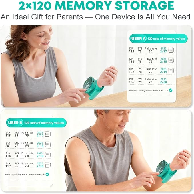 Wrist Blood Pressure Monitor Digital Rechargeable BP Monitor with 2x120 Memory, Carrying Case & Wrist Support, 5.3"-7.7" Adjustable Cuff, Easy to Use for Seniors & Family Home Use