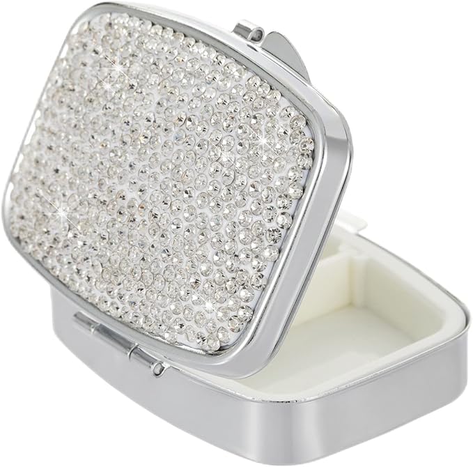 Pocket Pharmacy Bling 2 Compartment Medicine Organizer Small Cute Pill Container Travel Pill Box Case for Purse Square Vitamin Holder for Pocket(Silver)