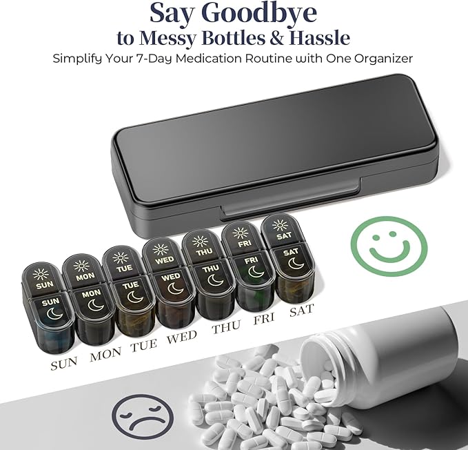 Betife AM PM Pill Organizer 7 Day, Weekly Pill Organizer 2 Times a Day, Daily Pill Box AM PM, Portable Travel Medicine Case, Day and Night Pill Container for Medication, Vitamin or Supplement