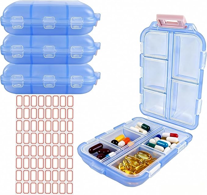 4Pack Travel Pill Organizer - 10 Compartments Pill Case with 64 Stickers, Pill Organizer 2 Times A Day, 20 Days Portable Compartments for Vitamins, Fish Oils, Supplements(Blue)