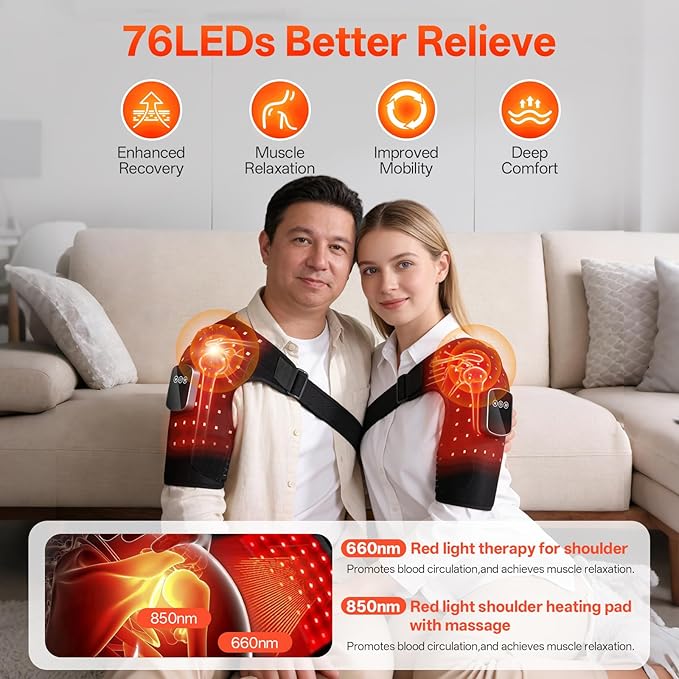 Kammoy Red Light Therapy for Shoulder with Heat & Massage, 6 Modes, 5000mAh Cordless Controller, 228 LEDs 660nm & 850nm, Portable Heated Shoulder Wrap, 120–480 Min Runtime (Black)