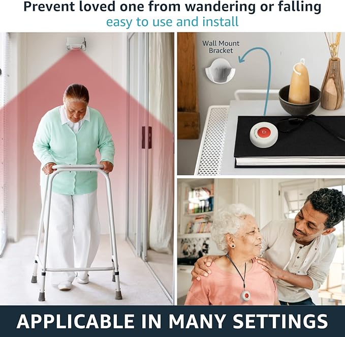 Caregiver Pager Wireless Call Buttons Motion Sensor Alarm Indoor for Elderly Monitoring Fall Prevention Bed Alarm Alert System Portable Nurse Call for Seniors Dementia Patients Emergency