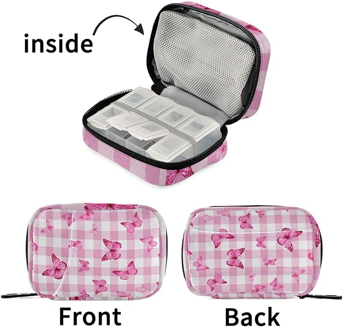 Checkered Pink and White Butterflies Travel Pill Organizer Case Box Container Weekly Portable Vitamin Medicine Holder Storage Bag with Zipper Removable