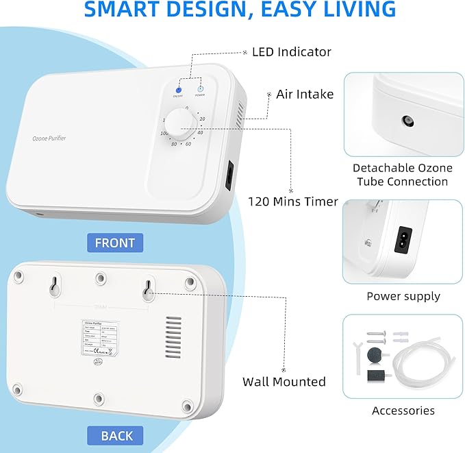 800mg/h Multipurpose Ozone Machine with Timer, for Air and Water, Portable for Home, Office, Car, Hunting, Kitchen, Cold Plunge, Fruits & Vegetables