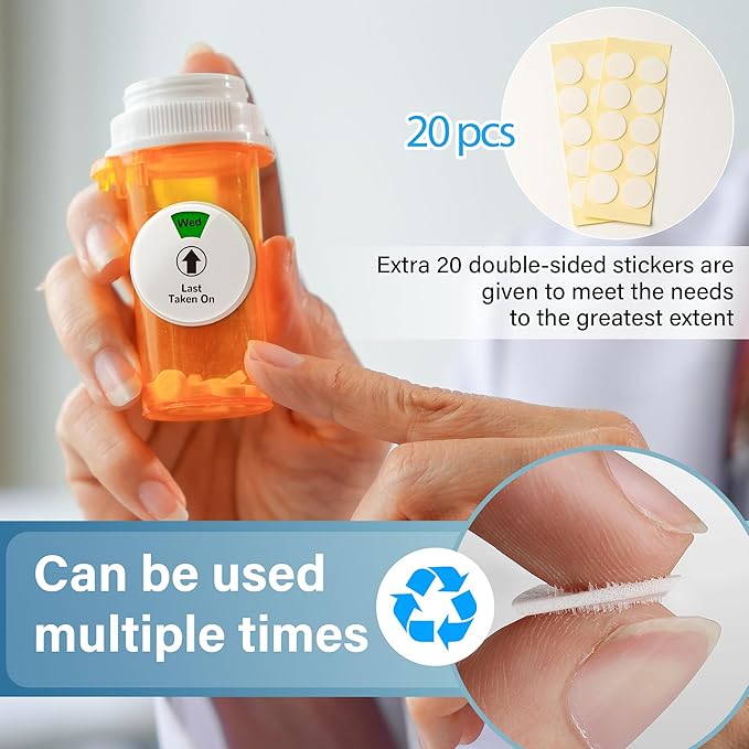4 Pack 7-Day Pill Reminder Tracker 2-in-1 Magnetic & Adhesive – Stick to Plastic or Glass Bottles, or Attach Magnetically to Fridge/Metal Surfaces – Reusable for Medications, Vitamins, Pet Medicine