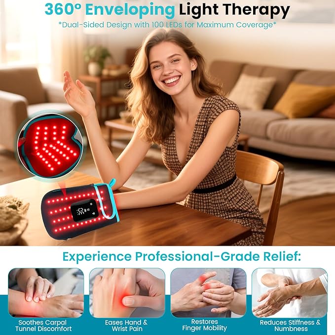 Red Light Therapy Gloves for Hands, 100LEDs Red & Near-Infrared, Dual Wavelength 660nm & 850nm, 5 Modes, Wireless, Rechargeable 5000mAh Battery, for Hand & Wrist Treatment