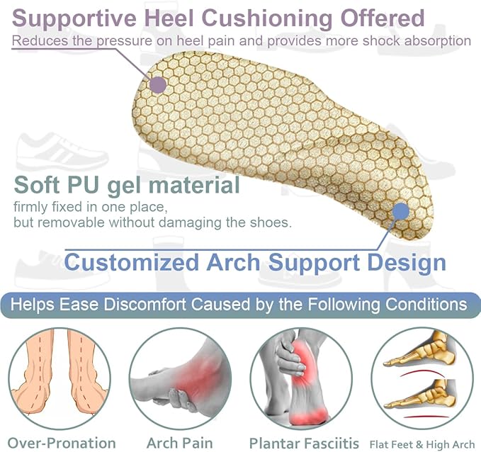 Dr.Foot Arch Support Shoe Inserts for Plantar Fasciitis Relief, Self-Adhesive Arch Pads Heel Cushion for Flats, Heel Pain, Gel Arch Insoles for Men and Women 2 Pairs (Apricot, Large)