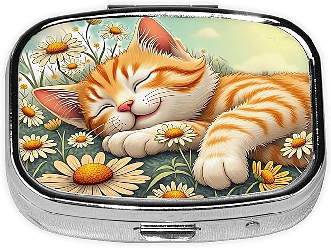 ABLESKY Pill Box, 2 Compartment Pill Organizer Case for Pocket or Purse, Small Portable Metal Travel Medicine Box with Mirror, Daily Vitamins Fish Oil Container-Cute Daisy Cat