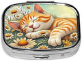 ABLESKY Pill Box, 2 Compartment Pill Organizer Case for Pocket or Purse, Small Portable Metal Travel Medicine Box with Mirror, Daily Vitamins Fish Oil Container-Cute Daisy Cat