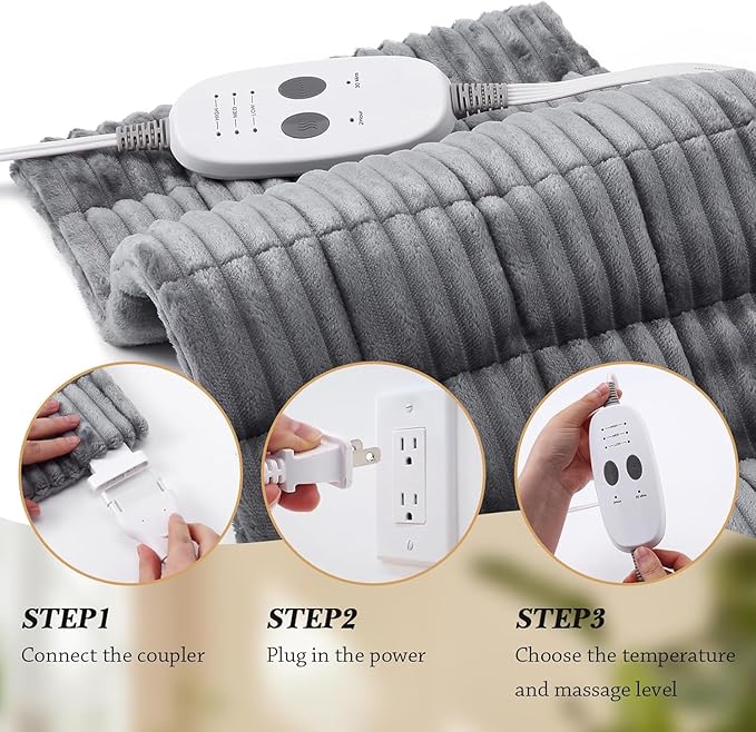 Massaging Heating Pad for Neck and Shoulders and Back, Large Electric Heating Pad for Back Pain Relief with 3 Heat Levels, 4 Massage Settings, 4 Massage Motors (Dark Grey, 33'' * 18'')