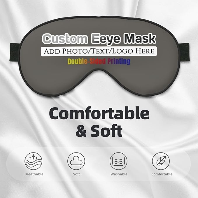 Custom Sleep Eye Mask Personalized Men Women Blindfold Design Your Own Photo Text Logo Adjustable Strap Soft Eyeshade Customized Blackout Eye Cover for Home Offices Travel Charcoal