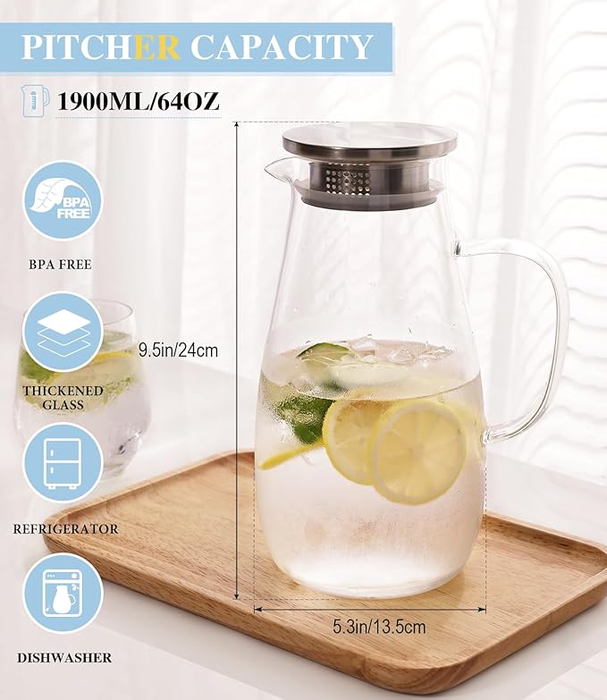 Glass Pitcher, Glass Water Pitcher with Lid and Handle for Fridge, 2 Quart Borosilicate Water Jug for Hot/Cold Drinks, Iced Tea, Juice and Coffee Beverage, Heat Resistant
