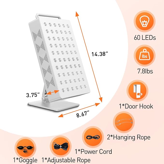 Red Light Therapy Panel 5 Wavement 60 Dual Chip LEDs 630+660+810+830+850nm Red and Near Infrared Lamp Therapy Device 100W with Timer & Stand for Body Pain Relief Face Skin Health Sleep White
